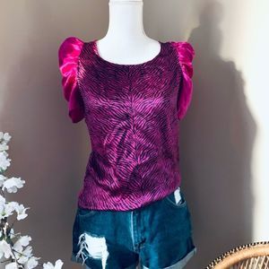 Sandro 100% silk fuchsia zebra print exaggerated puff sleeve blouse